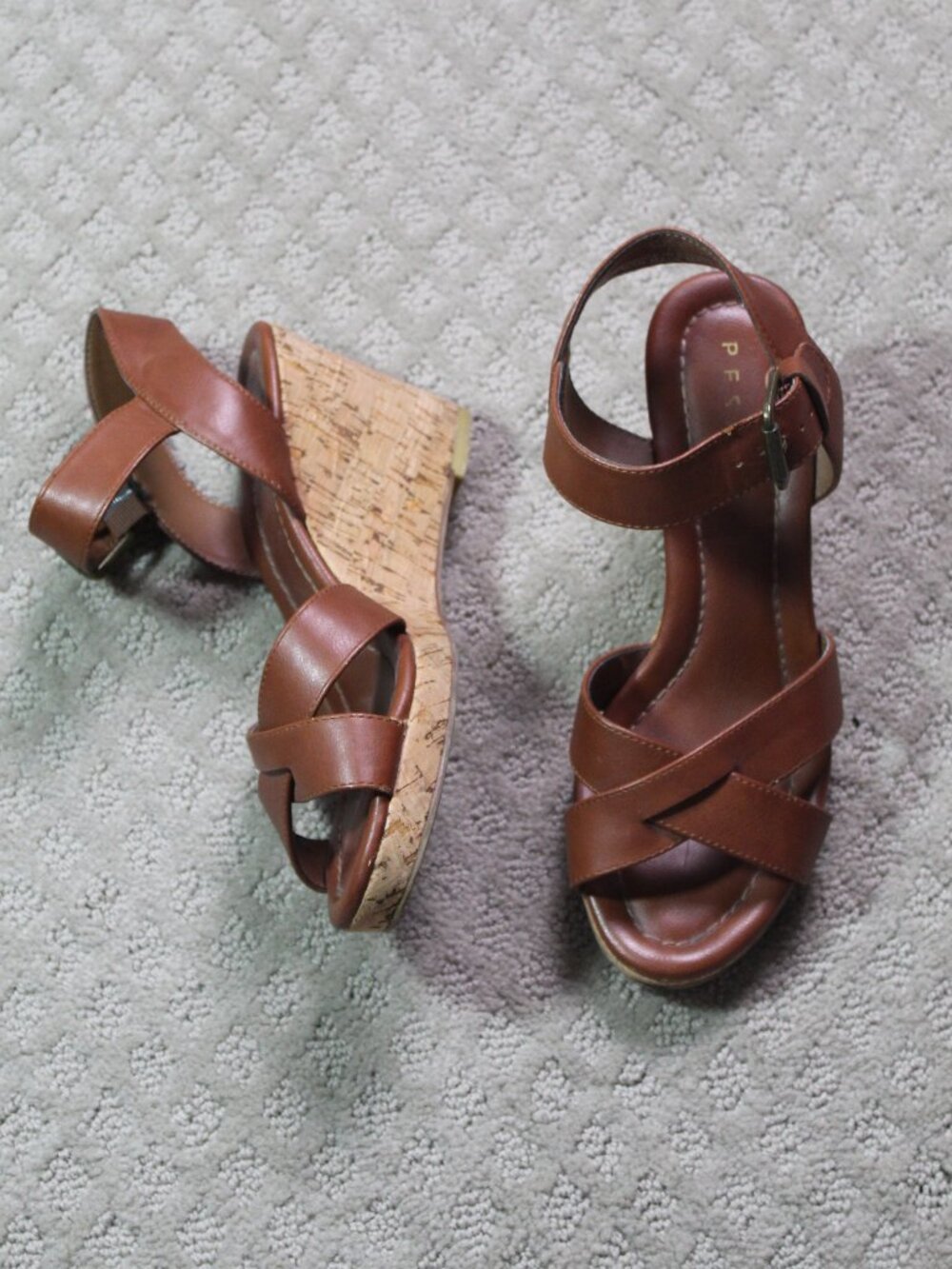 Pesaro Viola Size 7 Cognac 3" Cork Wedge Crossover Sandals